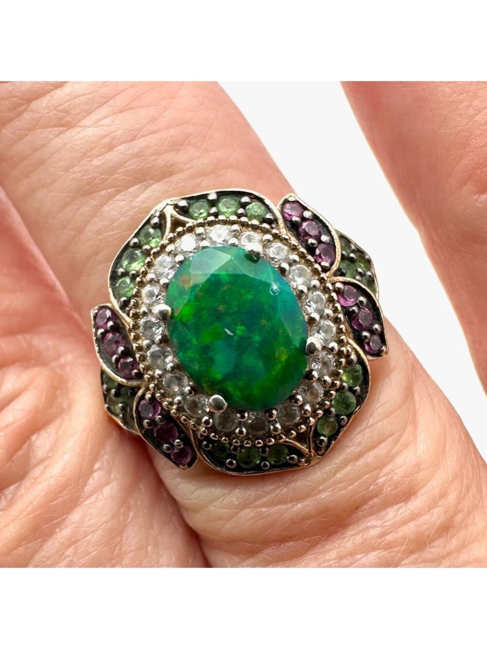 Opal Diamond Multi Gemstone Ring Gold Plated Sterling Silver Size 8